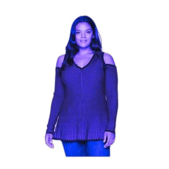 Rebel Wilson X Angels Plus Size 2X Blue Black Cold Shoulder Top - Picture 1 of 8